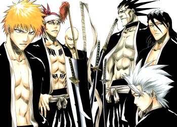 Rule 34 | 6+boys, abarai renji, abs, bald male, black hair, bleach, brown eyes, closed mouth, collarbone, hair ornament, headband, height difference, hitsugaya toushirou, houzukimaru (shikai), japanese clothes, kubo tite, kuchiki byakuya, kurosaki ichigo, long hair, madarame ikkaku, multiple boys, official art, open clothes, open robe, orange hair, ponytail, red hair, robe, scar, scar on face, second-party source, shihakusho, shikai, short hair, simple background, spiked hair, sword, tattoo, toned, toned male, weapon, white background, white hair, zabimaru (shikai), zanpakutou, zaraki kenpachi