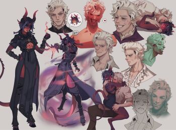 1boy 1girl ass astarion baldur&#039;s_gate baldur&#039;s_gate_3 belt black_belt black_dress black_gloves black_thighhighs blood blood_on_mouth collarbone colored_skin demon_girl demon_horns demon_tail dress dungeons_&amp;_dragons dungeons_&amp;_dragons elbow_gloves fangs gloves grey_background grin heart hetero highres horns lychii magic pointy_ears red_skin short_hair simple_background smile spoken_character spoken_heart tail teeth thighhighs tiefling vampire