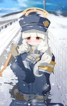 Rule 34 | 1girl, 9 (s2521), aoba (blue archive), blonde hair, blue archive, blue sky, commentary request, gloves, halo, hat, holding, long hair, long sleeves, open mouth, outdoors, peaked cap, puffy sleeves, red eyes, road, scarf, sky, snowflakes, winter, yellow halo