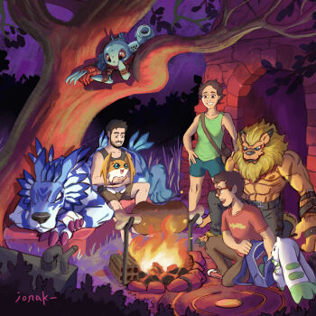 Rule 34 | absurdres, bone, digimon, digimon (creature), fire, food, garurumon, highres, leomon, lopmon, meat, metalmamemon, muscular, muscular male, patamon