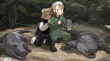 2girls absurdres alligator bandaid bandaid_on_face binoculars bird black_boots black_overalls black_scarf boots brown_hair bush closed_eyes commentary crocodile_keeper_(diva) crocodilian diva_(hyxpk) donut_stamp duck english_commentary green_jacket green_pants grey_hair hat highres holding holding_watering_can jacket long_hair multiple_girls overalls pants penguin_hat penguin_keeper_(diva) scared scarf shirt short_hair watering_can white_boots white_shirt zoo zookeeper zookeepers_(diva)