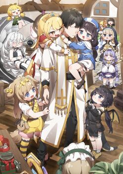 +_+ 1boy 6+girls :3 :d absurdres ahoge animal_ears bandaged_foot bandaged_leg bandaged_tail bandages bell beret black_hair black_pants black_tunic black_veil blonde_hair blue_eyes blue_hat blush bow box braid braided_twintails brown_hair butter_(trickcal) cape cassock chibi clerical_collar closed_eyes closed_mouth commentary cross-shaped_pupils detached_sleeves detached_wings dog_ears dog_girl dog_tail dragon_ears dragon_girl dragon_horns dragon_tail dragon_wings dress drooling ed_(trickcal) empire_waist erpin_(trickcal) faceless faceless_male fang fewer_digits flower fluffy_hair full_body furisode_sleeves garter_straps geta gold_tiara green_ribbon hair_between_eyes hair_bow hair_flower hair_ornament hairband hakama hakama_skirt hat heart-shaped_box highres holding holding_hands holding_staff horns japanese_clothes kidian_(trickcal) leader_(trickcal) leotard long_hair long_sleeves looking_at_another low_twin_braids mayo_(trickcal) multicolored_leotard multicolored_thighhighs multiple_girls neck_bell ner_(trickcal) no_eyes nontraditional_miko nun nun_headdress open_mouth orange_hair pants pink_shorts pink_wings pointy_ears pout purple_eyes purple_hair purple_hairband purple_hakama purple_skirt purple_trim red_cape red_eyes ribbon robe shakujou shirt shoes short_hair short_sleeves shorts skirt sleeveless sleeves_past_fingers sleeves_past_wrists smile staff standing striped_clothes striped_thighhighs symbol-shaped_pupils tail thick_eyelashes thighhighs tiara torn_wings trickcal tunic twin_braids twintails two-tone_leotard two-tone_thighhighs two-tone_wings uwabaki veil very_long_hair white_dress white_hair white_robe white_shirt white_thighhighs white_tunic white_wings wings yellow_ribbon yellow_thighhighs yomi_(trickcal) youngchun_(trickcal) yukie_(kusaka_shi)