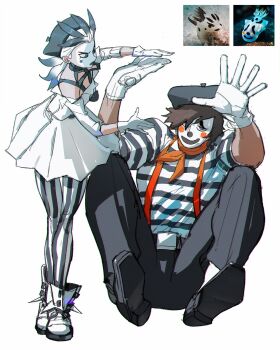 1boy 1girl annoyed bare_shoulders belt belt_buckle beret black_belt black_footwear black_hat black_pants black_pantyhose black_ribbon black_shirt blue_eyes blue_hair blush_stickers boots brown_eyes brown_hair buckle closed_mouth clown_nose commentary dark-skinned_male dark_skin dress dress_pants dress_shoes english_commentary eyelashes facepaint footwear_ribbon forehead full_body gloves gradient_hair hair_over_one_eye hands_up hat highres knees_up low_ponytail mime multicolored_hair neck_ribbon nervous_smile off-shoulder_dress off_shoulder one_eye_closed orange_scarf original pants pantyhose personification ponytail ramon_nunez reference_inset ribbon scarf sea_slug shirt short_dress short_hair short_sleeves simple_background sitting smile standing strap striped_clothes striped_pantyhose striped_shirt suspenders sweatdrop two-tone_pantyhose two-tone_shirt v-shaped_eyebrows vertical-striped_clothes vertical-striped_pantyhose white_background white_dress white_footwear white_gloves white_hair white_pantyhose white_shirt