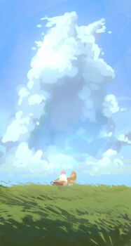 1other absurdres ambiguous_gender animal blue_sky bread cloud commentary cumulonimbus_cloud field food hige_(wolf's_rain) highres mauvh sitting sky symbol-only_commentary wide_shot wolf wolf's_rain