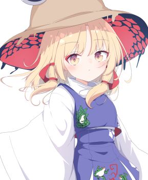 1girl absurdres animal_print blonde_hair blunt_ends blush brown_hat commentary_request cropped_vest darumoon frog_print hair_ribbon hat highres long_sleeves looking_at_viewer moriya_suwako parted_bangs purple_skirt purple_vest ribbon shirt simple_background skirt skirt_set solo touhou tress_ribbon turtleneck two-sided_fabric vest white_background white_shirt wide_sleeves yellow_eyes