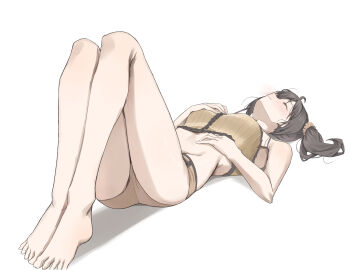 1girl absurdres ahoge bare_legs barefoot brown_hair camisole commentary frilled_camisole frills full_body highres hololive knees_up legs lying medium_hair natsuiro_matsuri natsuiro_matsuri_(matsuri&#039;s_day_off) official_alternate_costume on_back scarlet_(wv0102) scrunchie short_shorts shorts side_ponytail simple_background solo symbol-only_commentary toes virtual_youtuber white_background yellow_camisole yellow_scrunchie yellow_shorts