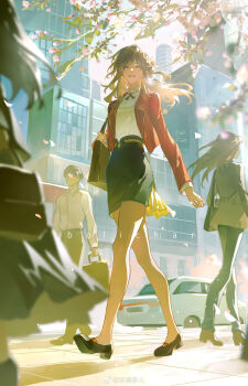 1boy 3girls absurdres bag black_skirt bolichar bow brown_hair city day full_body green_eyes hair_bow high_heels highres holding holding_bag jacket long_hair long_sleeves multiple_girls outdoors red_jacket rosa_(tears_of_themis) shirt shoulder_bag skirt solo_focus standing tears_of_themis walking watermark weibo_username weibo_watermark white_bow white_shirt