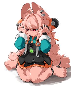 1girl absurdres ahoge animal_ear_fluff animal_ear_piercing animal_ears animal_feet anklet averting_eyes beruangputih80 blush braid braided_twintails bright_pupils chinese_clothes closed_mouth commentary english_commentary full_body furry furry_female green_shirt hair_intakes half-closed_eyes hands_up highres jewelry knees_together_feet_apart long_hair medallion pawpads pink_fur pink_hair rabbit_ears rabbit_girl red_eyes screw shirt short_eyebrows simple_background sitting solo thick_eyebrows wariza white_background white_pupils zenless_zone_zero zhao_(zenless_zone_zero)
