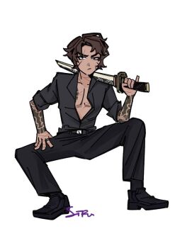 Rule 34 | 1boy, arm tattoo, belt, black belt, black pants, black shirt, black shoes, brown hair, chest tattoo, collared shirt, commentary request, dark-skinned male, dark skin, fedoarss1ru, heathcliff (project moon), holding, holding sword, holding weapon, jewelry, korean commentary, kurokumo clan (identity) (project moon), limbus company, looking at viewer, pants, project moon, ring, shirt, shoes, sitting, solo, sword, tattoo, weapon