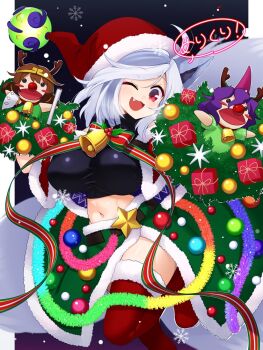 1girl :d ;d animal_ears breasts christmas commentary_request dog_ears dog_girl fang fur_trim hat large_breasts looking_at_viewer mitsugashira_enoko muchin_jousha navel one_eye_closed open_mouth red_eyes red_hat red_thighhighs santa_costume santa_hat short_hair smile snowflakes solo son_biten speech_bubble star_(symbol) tenkajin_chiyari thighhighs touhou translation_request white_hair