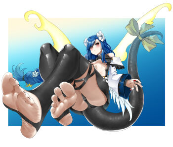 1girl angel_wings ass bare_shoulders belt black_thighhighs blue_hair blush border braid braided_ponytail breasts center_opening dizzy_(guilty_gear) eiji_(eiji) feet flower foreshortening guilty_gear guilty_gear_strive guilty_gear_xrd hair_flower hair_ornament highres large_breasts long_hair low-tied_long_hair mature_female monster_girl nail_polish queen_dizzy red_eyes red_nails ribbon sidelocks solo stirrup_legwear swept_bangs tail tail_ornament tail_ribbon thigh_strap thighhighs thighs toeless_legwear toenail_polish toenails underboob white_border wings yellow_flower yellow_ribbon