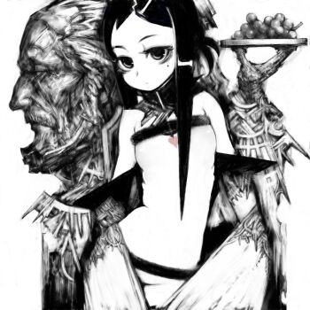 1boy 1girl beard bottomless breasts closed_mouth contrapposto cowboy_shot dress expressionless facial_hair food fruit fur-trimmed_dress fur_trim grapes greyscale heart jewelry_request long_hair looking_at_viewer microdress mole mole_under_eye monochrome old old_man original pon_(tab_rasa) robe_partially_removed short_bangs sidelocks simple_background small_breasts spot_color standing strapless strapless_dress tray