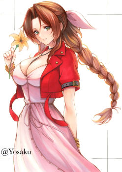 1girl aerith_gainsborough braid breasts brown_hair commentary commentary_request cowboy_shot cropped_jacket dress final_fantasy final_fantasy_vii flower green_eyes highres holding holding_flower jacket jewelry large_breasts open_clothes open_jacket pendant pink_dress red_jacket simple_background solo twitter_username white_background yellow_flower yosaku_vs_hina