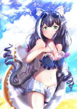 animal_ears bare_shoulders beach bikini black_hair blue_sky blush breasts cat_ears cat_tail cloud cloudy_sky day drill_hair green_eyes highres horizon innertube karyl_(princess_connect!) long_hair medium_breasts navel ocean open_clothes open_fly open_shorts outdoors princess_connect! ringlets short_shorts shorts sky solo sunlight swim_ring swimsuit syumashi tail twin_drills twintails very_long_hair water white_hair white_shorts