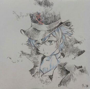 Rule 34 | 1boy, black coat, black hat, blue eyes, blue hair, closed mouth, coat, colored pencil (medium), commentary request, dated, emu (bleudoux r), graphite (medium), hat, highres, limited palette, male focus, oliver fog, portrait, reverse:1999, short hair, solo, top hat, traditional media