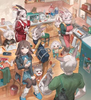 1boy 6+girls absurdres animal_ears bag black-framed_eyewear black_hair blue_skirt blue_sleeves bottle breasts brown_cardigan brown_eyes brown_hair brown_pantyhose calculator calendar_(object) cardigan carrot_slice chair closed_mouth clothes_pull commentary_request commission cup duffel_bag flower furry furry_female furry_male glasses green_shirt grey_eyes grey_hair hair_bun highres holding holding_bag holding_pencil holding_stuffed_toy indoors kettle knife large_breasts long_hair long_sleeves looking_at_another magnet microwave multicolored_hair multiple_girls open_mouth original pants pants_pull pantyhose paper_bag pencil pixiv_commission plastic_bag rabbit_ears rabbit_girl rabbit_tail refrigerator refrigerator_magnet sakoku_(oyatsu3ji_) school_uniform semi-rimless_eyewear shirt short_hair short_sleeves sitting skirt socks spatula stool stuffed_animal stuffed_rabbit stuffed_toy t-shirt table tail toy_car trash_can under-rim_eyewear water_bottle white_hair white_socks window