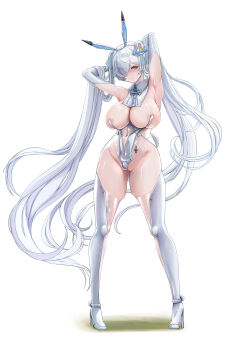 1girl absurdres animal_ears areola_slip armpits boots breasts cinderella_(nikke) fake_animal_ears fake_tail goddess_of_victory:_nikke highres huge_breasts hyotenka_ichido leotard long_hair navel playboy_bunny rabbit_ears rabbit_tail red_eyes see-through_clothes see-through_leotard smile solo tail twintails very_long_hair white_boots white_hair white_leotard