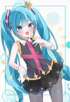 1girl :d absurdres black_shirt black_skirt blue_eyes blue_hair blush commentary_request cowboy_shot crown fang gloves gold_crown grey_pantyhose hand_on_own_chest hand_on_own_hip hatsune_miku highres inset_border light_particles long_hair mini_crown miniskirt mokoinu_(pixiv_27216243) open_mouth pantyhose pleated_skirt shirt skin_fang skirt sleeveless sleeveless_shirt smile solo standing twintails very_long_hair vocaloid white_background white_gloves