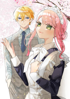 1boy 1girl akimoto_aki apron arthur_(kikaijikake_no_marie) blonde_hair blue_eyes cherry_blossoms green_eyes highres kikaijikake_no_marie maid maid_apron maid_headdress marie_(kikaijikake_no_marie) necktie pink_hair vest