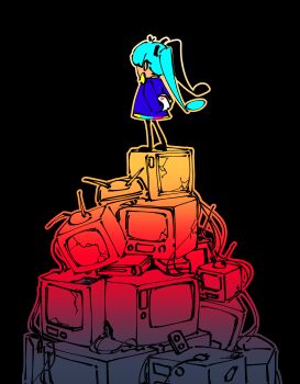 Rule 34 | 1girl, absurdres, aqua hair, arms behind back, black background, blue dress, broken, chibi, crt, dress, hatsune miku, highres, jiu (jiu076), long hair, outline, rabbit ears antenna, solo, standing, static (vocaloid), television, twintails, vocaloid