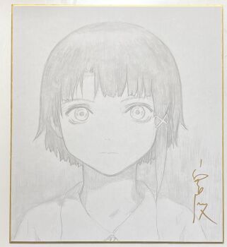 1girl abe_yoshitoshi commentary_request expressionless graphite_(medium) greyscale highres iwakura_lain looking_at_viewer monochrome photo_(medium) serial_experiments_lain shikishi short_hair solo straight-on traditional_media
