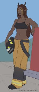 1girl black_bra bra brown_hair dark-skinned_female dark_skin elf firefighter firefighter_helmet full_body horns janai_(the_dragon_prince) kalruna pointy_ears solo the_dragon_prince underwear