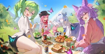 4girls absurdres ahoge all_fours animal aokumo_rin aqua_eyes black_choker black_hat black_shorts blue_sky bow bright_pupils bug bush butterfly can chann837 cherry_print choker closed_eyes closed_mouth commentary cone_hair_bun crop_top cropped_shirt day double-parted_bangs drink_can eating english_commentary falling_petals fang food food_print food_request fried_egg fruit_print grass green_eyes green_hair grey_bow grey_hair grey_shirt grey_skirt grey_streaks hair_bow hair_bun hair_intakes hair_ornament hair_rings hairclip hanako_nana hand_up hat heterochromia highres insect long_hair long_sleeves looking_at_viewer low-tied_long_hair medium_hair midriff mountain multicolored_hair multiple_girls navel on_ground one_side_up open_clothes open_mouth open_shirt orange_eyes outdoors parallel_hairclips petals picnic picnic_blanket pink_hair pink_shirt pink_skirt plate pleated_skirt pointing pointing_at_another print_shirt purple_eyes purple_hair purple_shirt purple_skirt reclining red_shirt sandwich seiza shirt shish_kebab short_shorts short_sleeves shorts sitting skirt sky smile soda_can sparkle stellive straight_hair streaked_hair swept_bangs tail tenko_shibuki tomato tomato_slice twintails virtual_youtuber white_hat yuzuha_riko