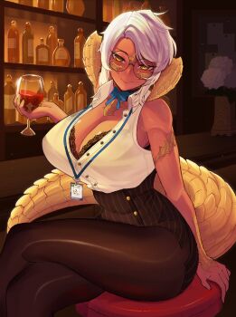 :&gt; abs absurdres alcohol au_ra bar_(place) black-framed_eyewear black_thighhighs blue_bow blue_bowtie bow bowtie bra breasts buttslayer commission commissioner_upload cup dark-skinned_female dark_skin dragon_girl dragon_horns dragon_tail drink drinking_glass final_fantasy final_fantasy_xiv highres holding holding_cup holding_drink horns indoors lace lace-trimmed_bra lace_trim looking_at_viewer muscular muscular_female office_lady pencil_case_(pebro) short_hair sitting solo tail thighhighs underwear warrior_of_light_(ff14) wine yellow_eyes yellow_scales yellow_tail