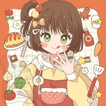 1girl :q apron blush_stickers border brown_hair carrot closed_mouth commentary_request eeppa food food_art green_eyes grid_background hair_bobbles hair_ornament hand_up highres hood hood_down hoodie ketchup_bottle looking_at_viewer omelet omurice one_side_up orange_border original outside_border red_apron short_hair smile solo spatula spoon tako-san_wiener tomato tongue tongue_out upper_body white_background yellow_hoodie