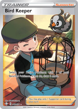 1boy ;q artist_name bird bird_keeper_(pokemon) birdcage black_shirt brown_eyes brown_hair cage card_(medium) character_name company_name copyright_name copyright_notice english_text gen_4_pokemon gloves green_hat hammer hat holding indoors ishikawa_hideki male_focus nintendo official_art one_eye_closed plant pokemon pokemon_(creature) pokemon_card pokemon_lgpe pokemon_tcg screwdriver shirt short_hair single_glove sitting starly third-party_source tongue tongue_out trading_card window_shadow