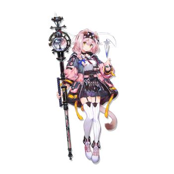 Rule 34 | 1girl, animal ears, arknights, black hairband, black skirt, blue bow, blush, bow, bracelet, braid, cat ears, cat tail, closed mouth, coat, full body, garter straps, goldenglow (arknights), hair bow, hairband, head tilt, high-waist skirt, highres, holding, holding staff, id card, infection monitor (arknights), jewelry, lightning bolt print, long hair, long sleeves, looking at viewer, multicolored coat, namie-kun, official art, open clothes, open coat, pink hair, pink shoes, scissors, shirt, shoes, side braid, skirt, smile, sneakers, solo, staff, striped clothes, striped thighhighs, tail, thighhighs, transparent background, two-tone coat, vertical-striped clothes, vertical-striped thighhighs, white shirt, white thighhighs, yellow eyes, zettai ryouiki