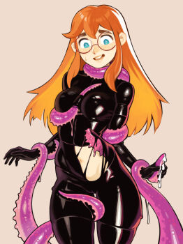 1girl alt_text black_bodysuit blue_eyes blush bodysuit borrowed_character breasts commentary consensual_tentacles effy_neprin english_commentary freckles glasses grey_background large_breasts latex latex_bodysuit navel open_mouth orange_hair original round_eyewear shiny_clothes simple_background siri_jay smile solo sweatdrop teeth tentacles upper_teeth_only
