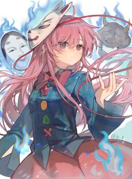 1girl artist_name blue_fire bow bowtie bubble_skirt buttons chinese_commentary collared_shirt commentary_request cowboy_shot expressionless fire floating_hair fox_mask hair_between_eyes hand_up hata_no_kokoro highres long_hair long_sleeves looking_to_the_side mask oni_mask pink_eyes pink_hair plaid_clothes plaid_shirt red_bow red_bowtie red_ribbon red_skirt ribbon shang_bu shirt sidelocks skirt solo star_(symbol) star_button touhou triangle_button watermark