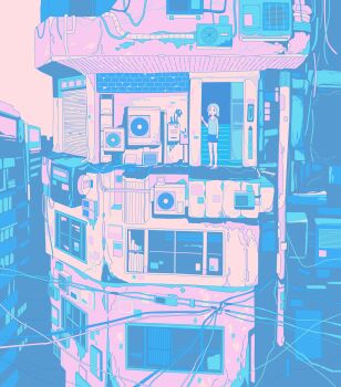 1girl air_conditioner blue_hair blue_shorts blue_tank_top flip-flops hebitsukai highres limited_palette original outdoors sandals short_hair shorts solo tank_top