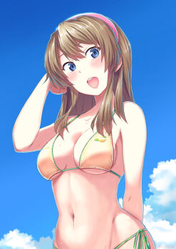 arm_behind_back bikini blue_eyes blush breasts brown_hair dead_or_alive dead_or_alive_5 hairband halterneck hand_in_own_hair hand_up highres hitomi_(doa) large_breasts long_hair navel official_alternate_costume open_mouth pink_hairband shiba_hajime sidelocks swimsuit yellow_bikini