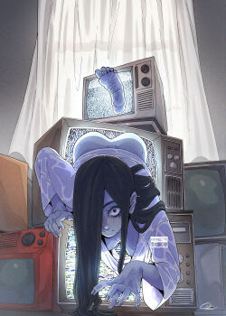 1girl ass black_hair breasts chuckuddin commentary english_commentary feet ghost ghost_girl hair_over_one_eye highres large_breasts long_hair signature solo television the_ring toes yamamura_sadako