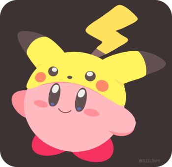 artist_name black_background blue_eyes blush character_hat commentary_request cosplay gen_1_pokemon kirby kirby_(series) nintendo no_humans pikachu pikachu_(cosplay) pokemon red_shoes rizu_(rizunm) shoes simple_background smile
