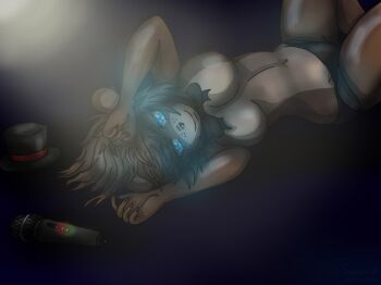 1girl animal_ears animal_nose animatronic artist_name bear_ears bear_girl bear_tail black_panties blue_eyes breasts brown_hair commentary english_commentary five_nights_at_freddy's five_nights_in_anime_(fangame) freckles freddy_fazbear furry furry_female genderswap genderswap_(mtf) hat ku_sunnie looking_at_viewer lying microphone nail_polish navel on_back panties red_nails shiny_skin short_hair smile solo tail top_hat toy_freddy underwear