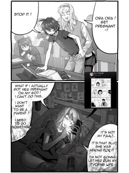 1boy 2koma 3girls absurdres amputee arm_support ass blood blood_on_arm can chair comic denim double_amputee dress_shirt dry_humping earbuds earphones english_text erika_(popopoka) greyscale highres humping jeans long_sleeves lying meme misunderstanding monochrome monster_energy multiple_girls no_panties nugget_waifu_(popopoka) on_bed on_side ora_ora_get_pregnant_(meme) original pants pantyhose phone photo_(object) pillow popopoka razor_blade right-to-left_comic romaji_text scar scar_on_arm scar_on_leg screenshot_inset self-harm self-harm_scar shirt skirt sophie_(popopoka) speech_bubble standing sweater_vest t-shirt table tablet_pc thighs torso_grab twitter twitter_screenshot vest yuri