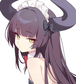 1girl bare_shoulders black_bow blunt_bangs bow bowtie brown_hair closed_mouth commentary diein_(djmax) djmax djmax_respect english_commentary eyeshadow from_side fuwawa_(fuwawa617) hair_bow highres horns long_hair looking_at_viewer looking_to_the_side maid_headdress makeup red_bow red_bowtie red_eyeshadow simple_background solo symbol-shaped_pupils tsurime upper_body white_background x-shaped_pupils yellow_eyes