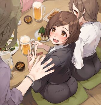 3girls alcohol ass beer beer_mug black_suit blush brown_hair commentary_request cup dress_shirt facing_another fingernails food formal_clothes idolmaster idolmaster_cinderella_girls indoors kawaty mug multiple_girls producer_(idolmaster) restaurant salad senkawa_chihiro shirt sideways_glance sitting smile suit takagaki_kaede white_shirt yakitori