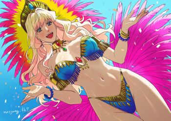 1girl alternate_costume artist_name bikini blonde_hair blue_bikini blue_eyes blush breasts carnival commentary_request cowboy_shot curvy dancer earrings hands_up highres jewelry large_breasts long_hair macross macross_frontier navel open_mouth ryu_(masu_nantoka-san) samba sheryl_nome shiny_skin showgirl single_earring smile solo swimsuit teeth thighs thong upper_teeth_only wide_hips