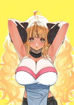 absurdres ahoge anila_(granblue_fantasy) armpits arms_up black_skirt blonde_hair blush breasts cleavage commentary_request curled_horns curly_hair granblue_fantasy highres horns large_breasts long_hair looking_at_viewer open_mouth pleated_skirt ryoyu_(ryoyustarlight) skirt yellow_eyes