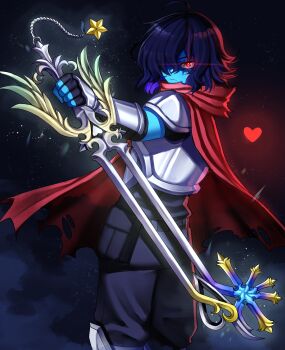 1other absurdres armor blue_hair blue_skin cape closed_mouth colored_skin crossover deltarune heart highres holding holding_weapon keyblade kris_(dark_world)_(deltarune) kris_(deltarune) oathkeeper rageman709 red_cape red_eyes reverse_grip solo soul_(deltarune) utdr_(toby_fox) weapon