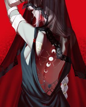 1girl absurdres arm_up back_tattoo backless_dress backless_outfit bandaged_arm bandages bare_shoulders black_veil breasts dress facing_away from_behind highres lace-trimmed_veil lace_trim ling_(chaaaaanhikari) long_braid medium_breasts moon_phases official_alternate_costume red_background reverse:1999 semmelweis_(reverse:1999) semmelweis_(the_wax_and_wane_of_the_heart)_(reverse:1999) sideboob sleeveless sleeveless_dress solo tattoo upper_body veil white_hair