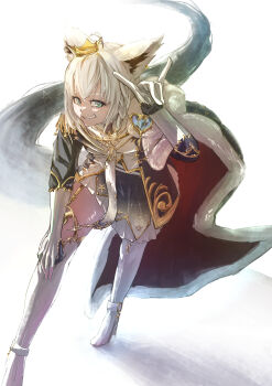 1girl absurdres ahoge animal_ear_fluff animal_ears bent_over blue_cape blue_jacket boots braid cape commentary_request crown earrings epaulettes fox_ears fox_girl fox_shadow_puppet fox_tail fur-trimmed_cape fur_trim garter_belt gloves green_eyes hair_between_eyes highres hololive jacket jewelry looking_at_viewer mini_crown pentagram shirakami_fubuki shirakami_fubuki_(fbkingdom) sidelocks simple_background single_braid skirt smile smirk solo tail thigh_boots user_jcth2474 virtual_youtuber white_background white_gloves white_hair white_skirt