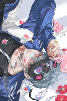 1boy absurdres alien_stage bandaid bandaid_on_face bandaid_on_nose black_mask black_shirt blue_jacket blush chinese_commentary commentary drink_carton earbuds earphones flower gem green_eyes grey_hair heart highres jacket long_sleeves male_focus mask mask_on_head milk_carton notebook official_alternate_costume open_clothes open_jacket pearl_(gemstone) qianben_shan red_flower shirt short_hair sleep_mask solo star_(symbol) sticker sticker_on_face tamagotchi_(virtual_pet) till_(alien_stage) very_short_hair virtual_pet_(toy) zipper