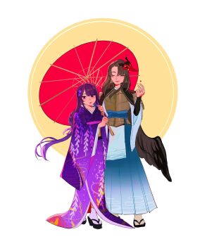 Rule 34 | 1boy, 1girl, alternate costume, armor, bird boy, black hair, black wings, blunt bangs, braid, bucumberr, closed eyes, closed mouth, commentary, couple, english commentary, feathered wings, full body, genshin impact, hair ornament, hetero, highres, holding, holding umbrella, japanese armor, japanese clothes, kimono, light smile, long braid, long hair, long sleeves, low-tied long hair, mask, mask on head, mole, mole under eye, oil-paper umbrella, purple eyes, purple hair, purple kimono, raiden shogun, red mask, sandals, sasayuri (genshin impact), single braid, standing, umbrella, wings