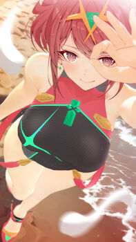 1girl beach breasts closed_mouth commentary from_above garry&#039;s_mod_(medium) highres large_breasts looking_at_viewer official_alternate_costume ok_sign outdoors photoshop_(medium) pyra_(pro_swimmer)_(xenoblade) pyra_(xenoblade) red_eyes red_hair sculp2 smile solo standing tiara xenoblade_chronicles_(series) xenoblade_chronicles_2