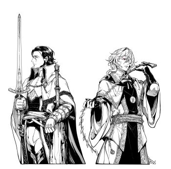 2boys absurdres armor_under_clothes bloodborne brooch chain chain_belt character_request check_character chinese_commentary collared_cape collared_robe commentary_request cropped_legs gauntlets green_eyes greyscale highres holding holding_sword holding_weapon holding_whip jewelry kalianabokalisi laurence_the_first_vicar_(human) ludwig_the_accursed male_focus medallion medium_hair monochrome monocle moonlight_greatsword multiple_boys neck_ribbon pants profile red_eyes ribbon robe sash short_hair sideburns simple_background spot_color sword weapon whip_sword wide_sleeves